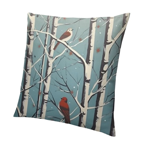 BANET Throw Pillow Cover Blue Tiling Pattern Birches and Birds in Winter Brown Pillowcase Home Decorative Square Pillow Case Cushion Cover 20x20in