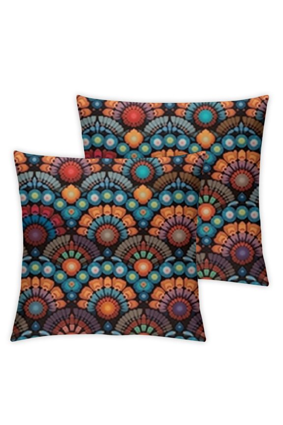 Throw Pillow Cover Set of 2, Geometric Oriental Floral Patterns Form Art Image Illustration, Decorative Square Covers for Couch Bed & Sofa,Scarlet Orange Blue 18x18in