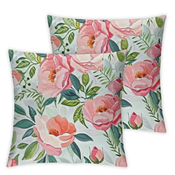 BANET Throw Pillow Cover Set of 2, Nostalgic Themed Bunch of Buds Fresh Nature, Decorative Square Covers for Couch Bed &amp; Sofa, Green Pink Off White 12x12in