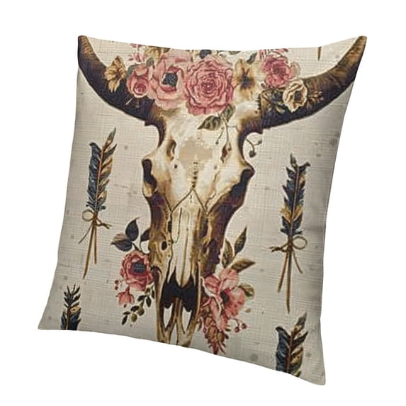 BANET Throw Pillow Cover of Bull Skull Horns Floral Arrangement Pillowcase Home Decor Square Pillow Case Cushion Cover 20x20in
