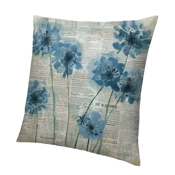 BANET  Throw Pillow Covers, Blue Dandelion Flower Vintage Newspaper Floral Print Square Short Plush Pillowcase Soft Decorative Cushion Case for Sofa Bedroom Car 18x18in
