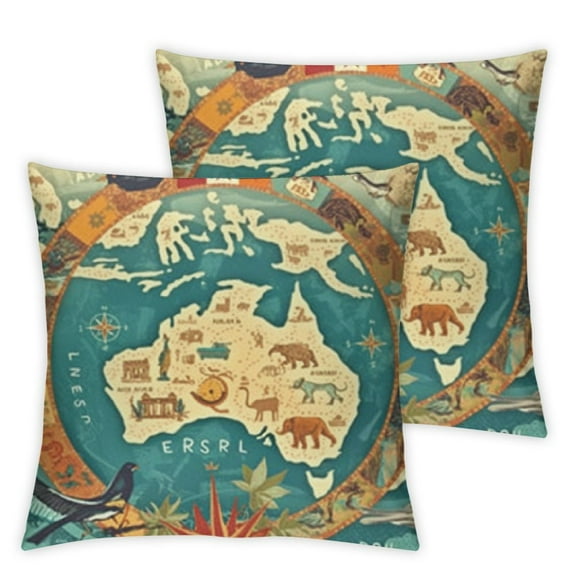 BANET Throw Pillow Cushion Cover Pack of 2, Doodle Map with n Traditionals Culture and Nature, Zippered Double-Side Digital Print Decor,Green 18x18in