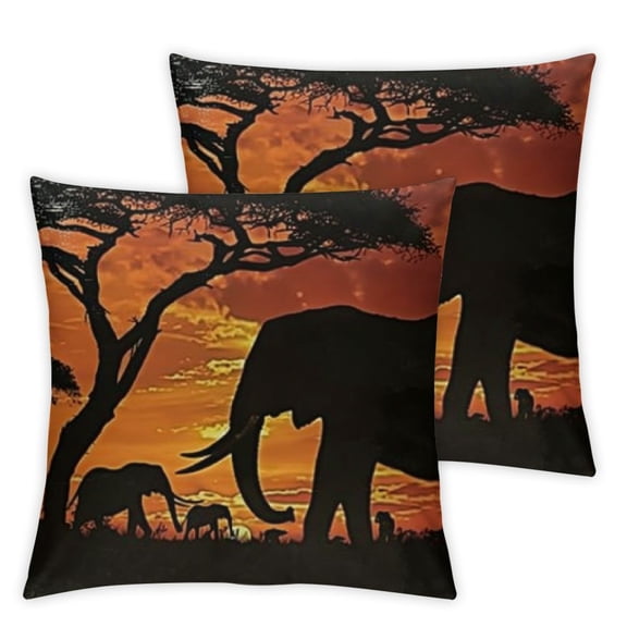 BANET Throw Pillows Covers Black Silhouette Elephants African Wild Animal Herd in The Sunset Home Decorative,Cushion Cover for Bedroom Sofa Living Room Pack of 2 12x12in