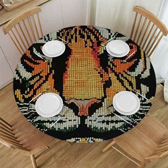 BANET Tibetan Tiger Chinoiserie Asian Round Tablecloths Pink Green and Turquoise Floral Table Cloth Stain Wrinkle Resistant Washable Table Cover Festival Camping Picnic 42"-46