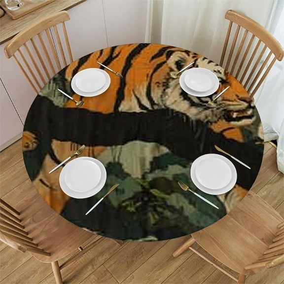 BANET Tiger Chinoiserie Asian Round Tablecloths Pink Green and Turquoise Floral Colorful Table Cloth Water Resistant Polyester Table Cover Festival Camping Picnic 31"-35