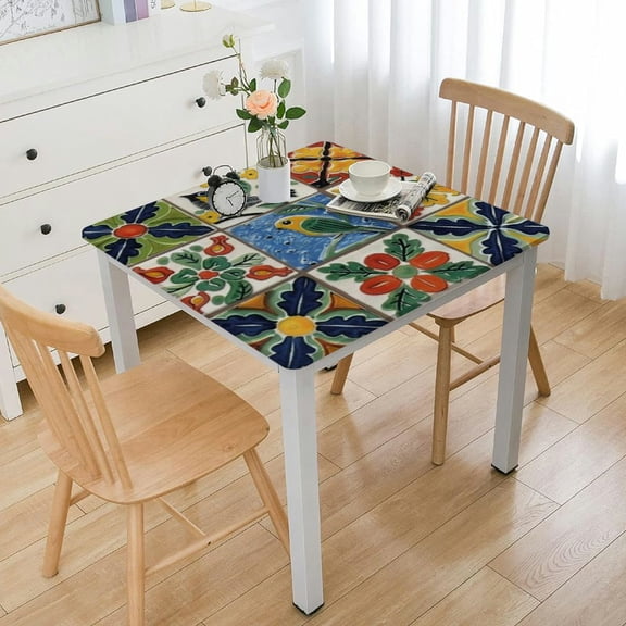 BANET Traditional Talavera Mexican Square with Table Cover - Waterproof Spill Proof Wrinkle Free for Camping Picnic,Dinner Square white