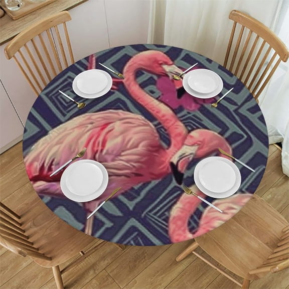 BANET Tropical Pink Stripe Flamingo Tablecloth for Holiday Birthday Party Table Decor, Waterproof Outdoor Table Cloth Round Tables for Dining Room Banquet Farmhouse Tablecloths 46"-50