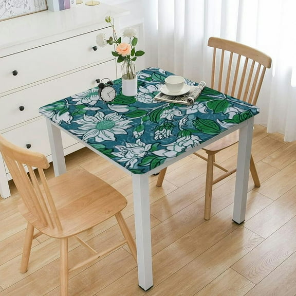 BANET  -Turquoise Moss Green Cotton Tablecloth, Handblock Print Floral Table Cloth for Kitchen Dining Linen I Thanksgiving, Christmas, Wedding, Fall Décor Square white