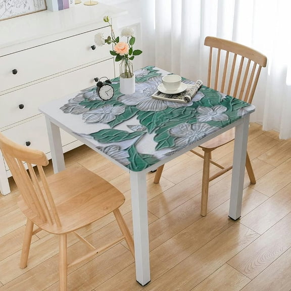 BANET  -Turquoise Moss Green Cotton Tablecloth, Handblock Print Floral Table Cloth for Kitchen Dining Linen I Thanksgiving, Christmas, Wedding white