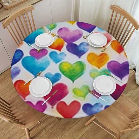 BANET Valentines Day Round Fitted Tablecloth with Elastic Edge, Watercolor Love Heart Washable Spill Proof Table Cloth Polyester Table Cover for Kitchen Dining Party Fit Round Table 38"-42