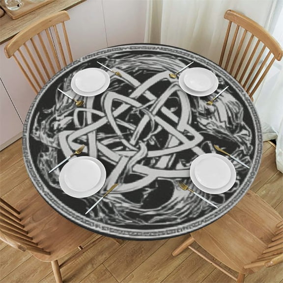 BANET Viking Table Cloth, Ancient Black White Mystical Geometric Norse Printed Round Tablecloth for Dining Kitchen Room Indoor Outdoor Party Decor 38"-42