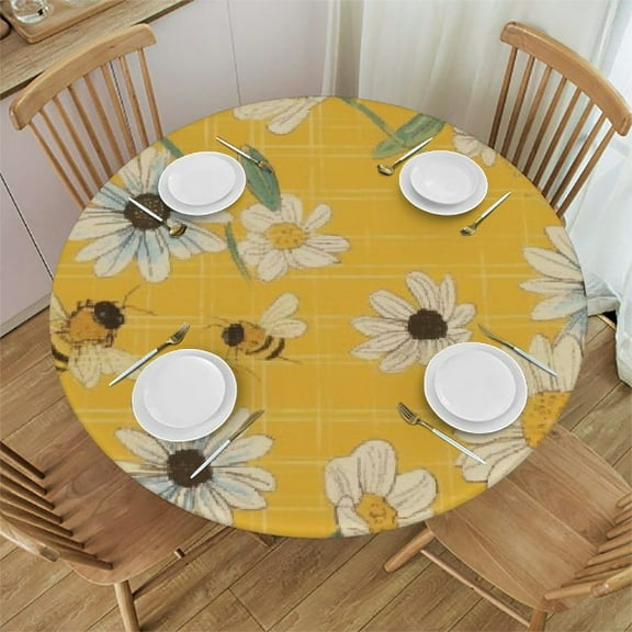 BANET Vintage Bees Daisy Round Table Cloth Spring Polyester Tablecloth Waterproof Tablecloth Dinning Table Cover for Valentines Day Decor Party Picnic 54"-58