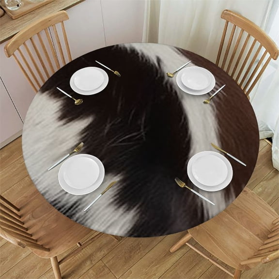 BANET Vintage Round Tablecloth,Farm Animal Black and White Cow Fur Print for Kitchen Birthday Party Christmas,Indoor and Outdoor Event Decor Round 42"-46