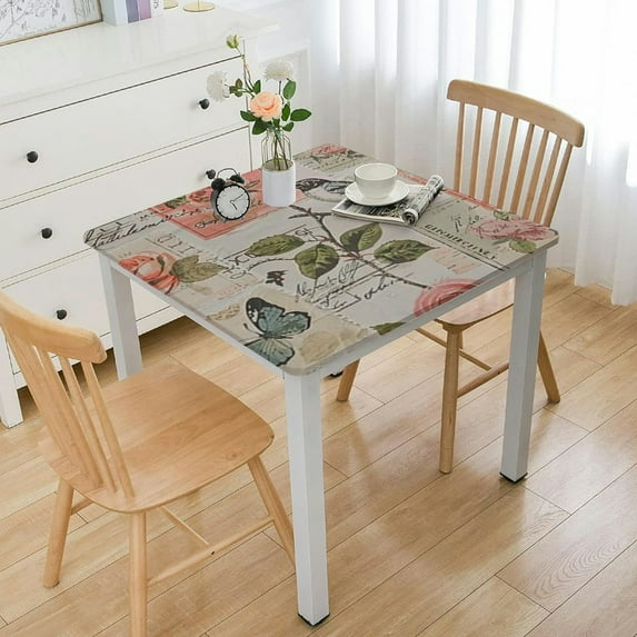 BANET  Vinyl Square Tablecloth, Bella Spring Rose and Bird Postcard Print Flannel Backed Table Cloth, Spring Vintage Pink Floral white