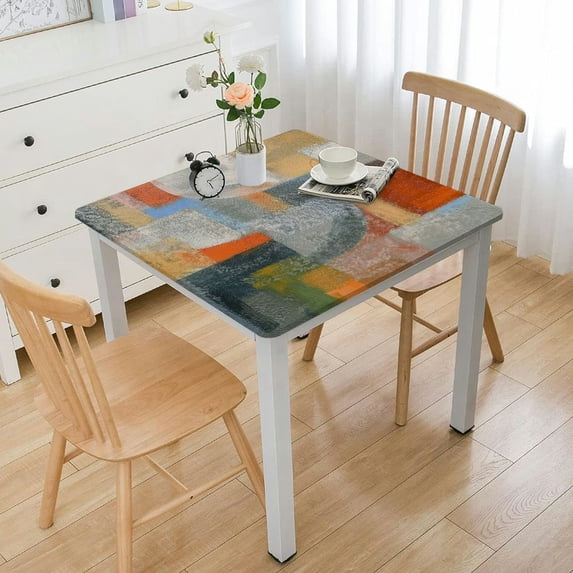 BANET Vinyl Table Cover Elastic Edged Abstract Art Orange Tablecloths for SquareTable Oil-Proof Wipeable PVC Table Cloth White
