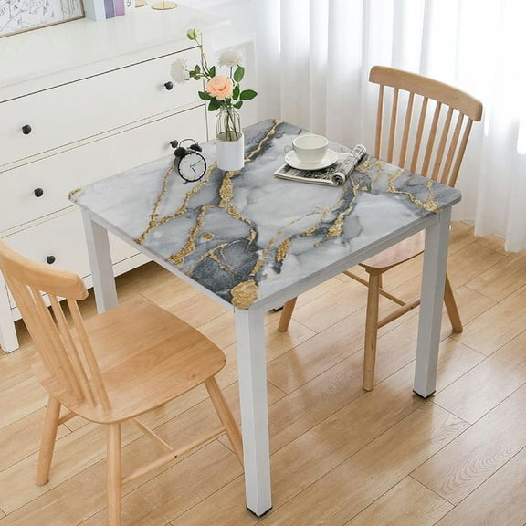 BANET Vinyl Table Cover Elastic Edged Marble Print Tablecloths Fitted for Table Oil-Proof Wipeable PVC Table Cloth white