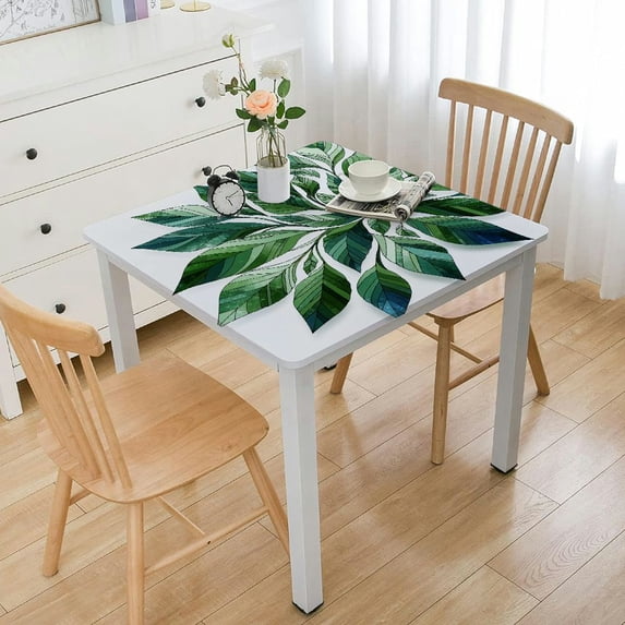 BANET Vinyl Tablecloth White Background Green Palm Leaf Square Table Cover Wipe Clean White