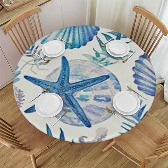 BANET Watercolor Seashell Table Cloth Starfish Snail Beach Marine Round Tablecloth for Dining Room, Party, Banquet 38"-42