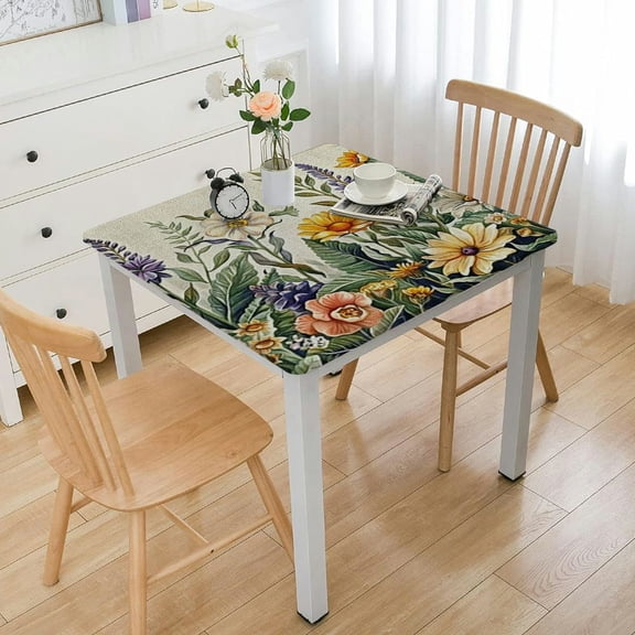 BANET Waterproof Tablecloths Rectangle, Flowers Botanical Washable Polyester Fabric Table Cloth, Daisy Lavender Spring Summer Burlap Oil Proof Wipeable Table Cover for Kitchen White