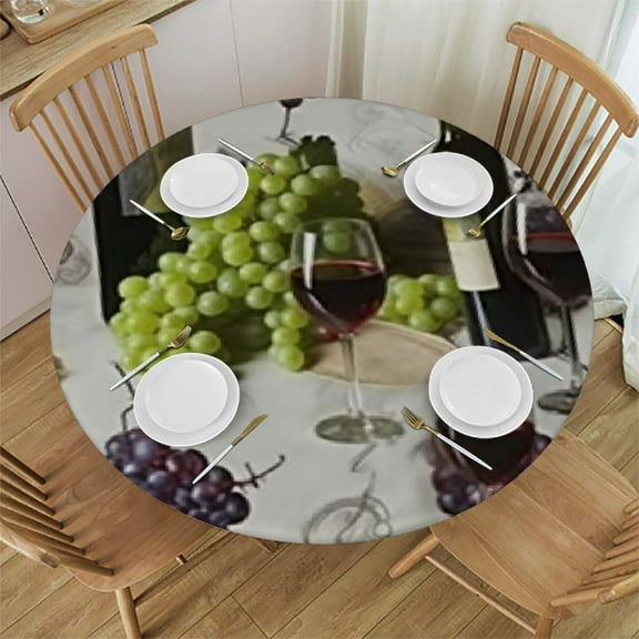 BANET Wine Bottles and Grapes Round Tablecloth White for Kitchen Dining Tabletop Decoration Party Weddings Polyester 54"-58
