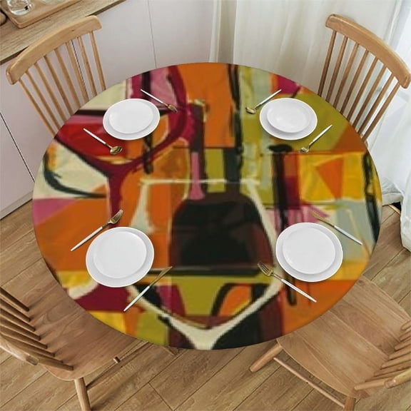 BANET Wine Theme Tablecloth with Elastic Edge, Round Table Cloth Wine Bottles and Glasses Washable Reusable Table Cover for Kitchen Dining Party Picnic 38"-42