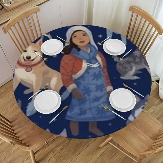 BANET Winter Cute Dogs Round Table Cloth Snowflakes Polyester Tablecloth Waterproof Tablecloth Dinning Table Cover for Indoor Outdoor Party Picnic 31"-35