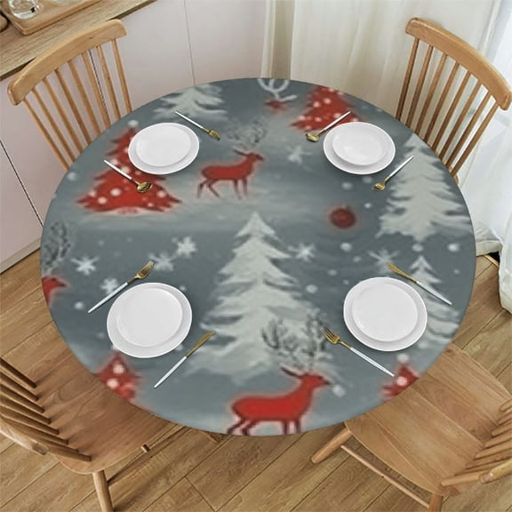 BANET Winter Deer Round Tablecloth Christmas Tree Snowflakes  Waterproof Table Cloth Polyester Tablecloth Table Cover for Kitchen Outdoor Party Picnic 46"-50