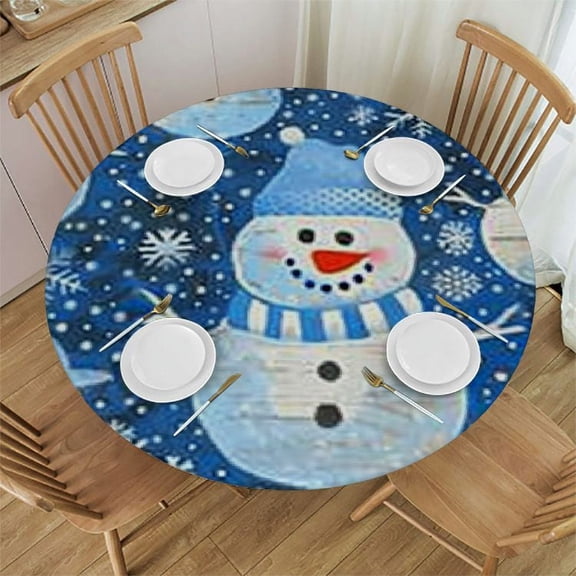 BANET Winter Snowman Snowflakes Tablecloth Durable Round Table Cloth Waterproof Stain Proof Camping Tablecloths for Outdoor Picnic Restaurant Decoration 31"-35