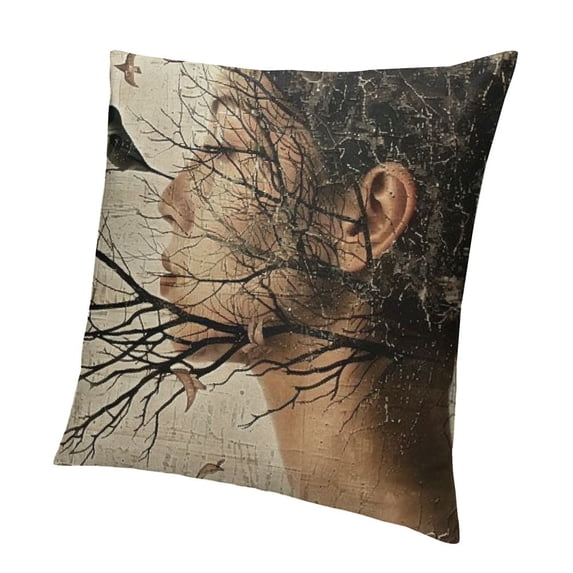 BANET Woman Face and Crow Throw Pillow Covers,Double Exposure Portrait of Young Woman Face and Pine with Black Crow Pillowcase Home Decor for Sofa Bed Living Room 24x24in
