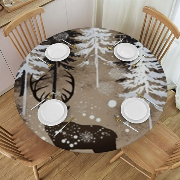 BANET Woodland Moose Snowflakes Table Cloth Round Fir Trees Reusable Tablecloth  Waterproof Outdoor Tablecloth Table Cover for Kitchen Party Picnic Dining Decor 42"-46