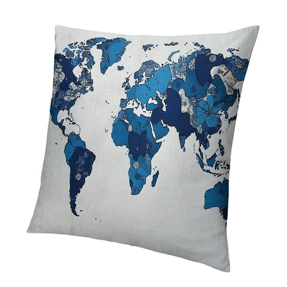 BANET World Map , Map in Blue Tones with Ornate , Decorative Square Accent Pillow Case 18x18in