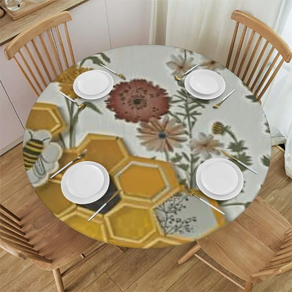 BANET Yellow Blue Floral Bee Round Tablecloth Dining Wipeable Table Cloth Cover for Holiday Home Picnic Party Wedding Buffet Parties Camping 31"-35