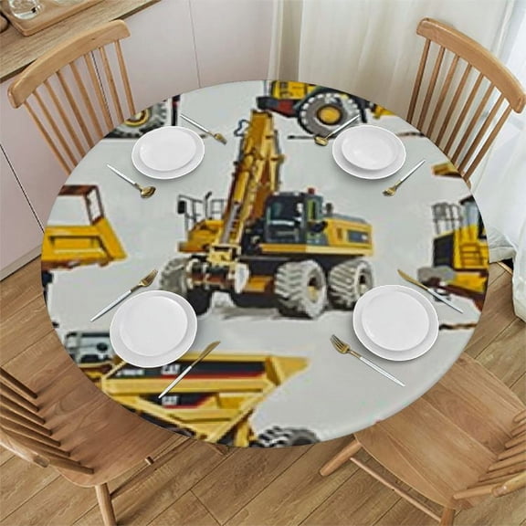 BANET Yellow Construction Excavators, , Bulldozers, Trucks Round Tablecloth, Washable Circular Macrame Table Cloth Cover for Kitchen Tabletop Decor 42"-46