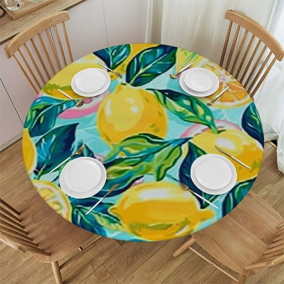 BANET Yellow Lemon Tablecloth Round Teal Leaves Summer Tablecloth Waterproof Tablecloth Kitchen Circle Table Cloth Cover for Party Dinning Tabletop Wedding Home Decor 38"-42