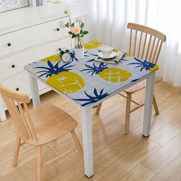 BANET Yellow Pineapple Square Tablecloths Elastic Edged Geometric Summer Tablecloths Washable Reusable Tablecloths for Kitchen Picnic Party white