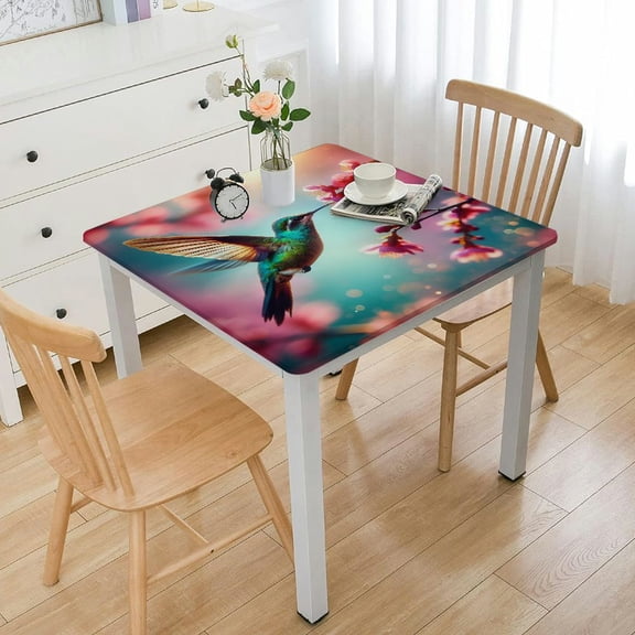 BANET square Fitted Elastic Edge Table Cloths, with Pink Flowers Wipeable Polyester Table Cover, for Kitchen Dining Party Patio Tabletop Decoration, Fit for Square Table White