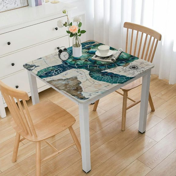 BANET with Elastic Edge, Square Table Cloth Ocean Theme Washable Reusable Table Cover for Kitchen Dining Party Picnic, Medium white