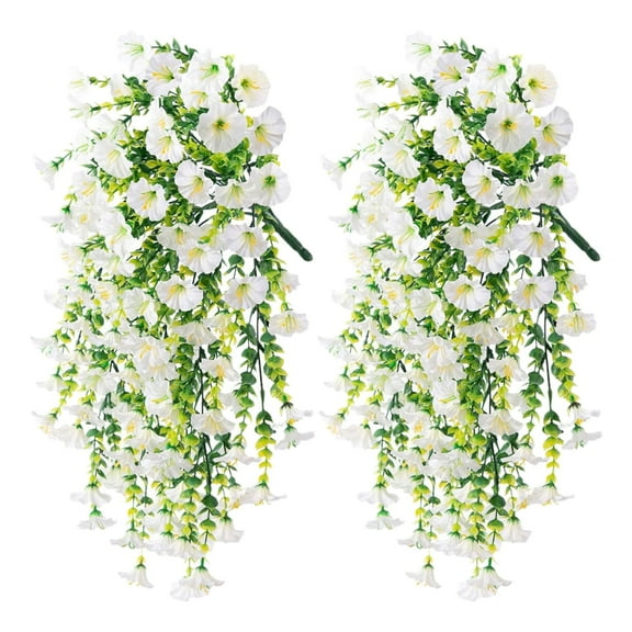 BANEX 2 PCS Artificial Hanging Flowers Fake Plants Outdoor,Silk Morning Glory Faux Flowers with Eucalyptus Leaves,UV Resistant Realistic Hanging Plants for Home Garden Decor White