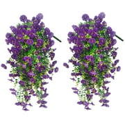 BANEX 2 PCS Artificial Hanging Flowers Fake Plants Outdoor,Silk Morning Glory Faux Flowers with Eucalyptus Leaves,UV Resistant Realistic Hanging Plants for Home Garden Decor Purple