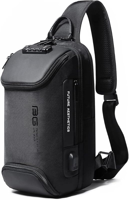BANGE Anti-Theft Sling Backpack with Lock & USB Charging Port, Unisex Casual Crossbody Bag for Multiple Occasions,Black