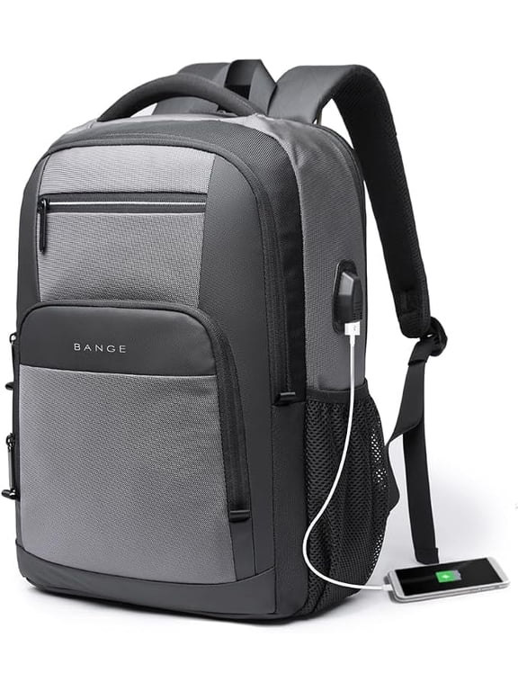 Gray Travel Laptop Backpack with USB Charging Port, Water-Repellent, Fits 15.6-Inch Laptops