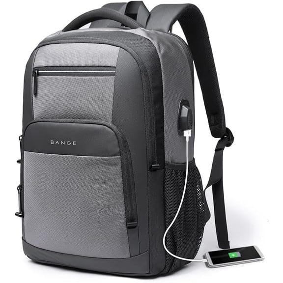 BANGE Gray Travel Laptop Backpack with USB Charging Port, Water-Repellent, Fits 15.6-Inch Laptops