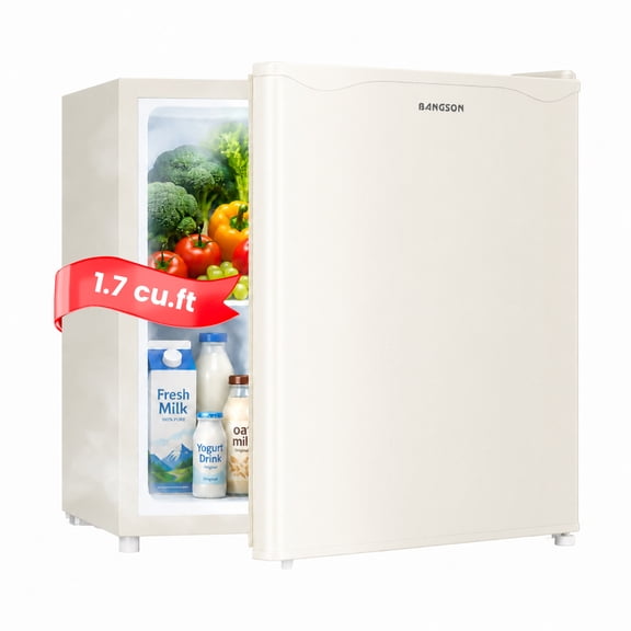 BANGSON 1.6 Cu.Ft Compact Refrigerator with Freezer, Energy Saving & Low Noise Mini Fridge for Office, Dorm, Bedroom - Adjustable Temp, Reversible Door,Cream White