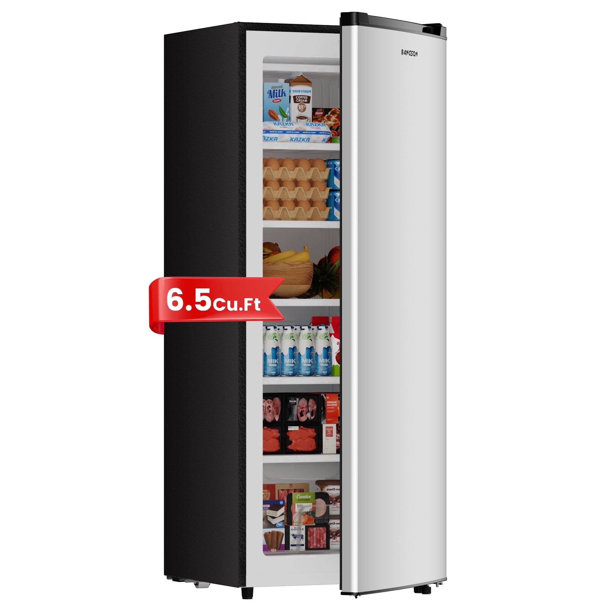 BANGSON 6.5 Cu.ft Upright Freezer, Adjustable Thermostat and Removable Shelves, Reversible Door for Home, Kitchen, Garage, Apartment, Dorm, Silver