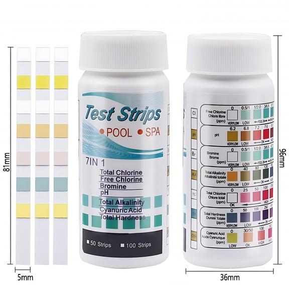 BANIRO 7 in 1 Pool Test Strips 200 Count, Chlorine pH Alkalinity Hardness Bromine Cyanuric Acid Water Quality Tester Paper for Swimming Pool Hot Tub and Spa, Two Bottles of 100 Strips Each