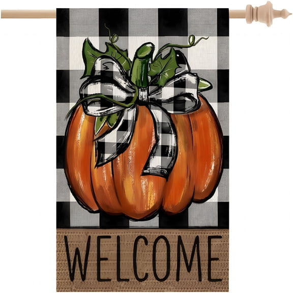 BANIRO Fall House Flag 28X40 Inch Double Sided Burlap for Outside Pumpkin Buffalo Plaid Welcome Large Seasonal Yard Autumn Decoration (Orange Pumpkin)