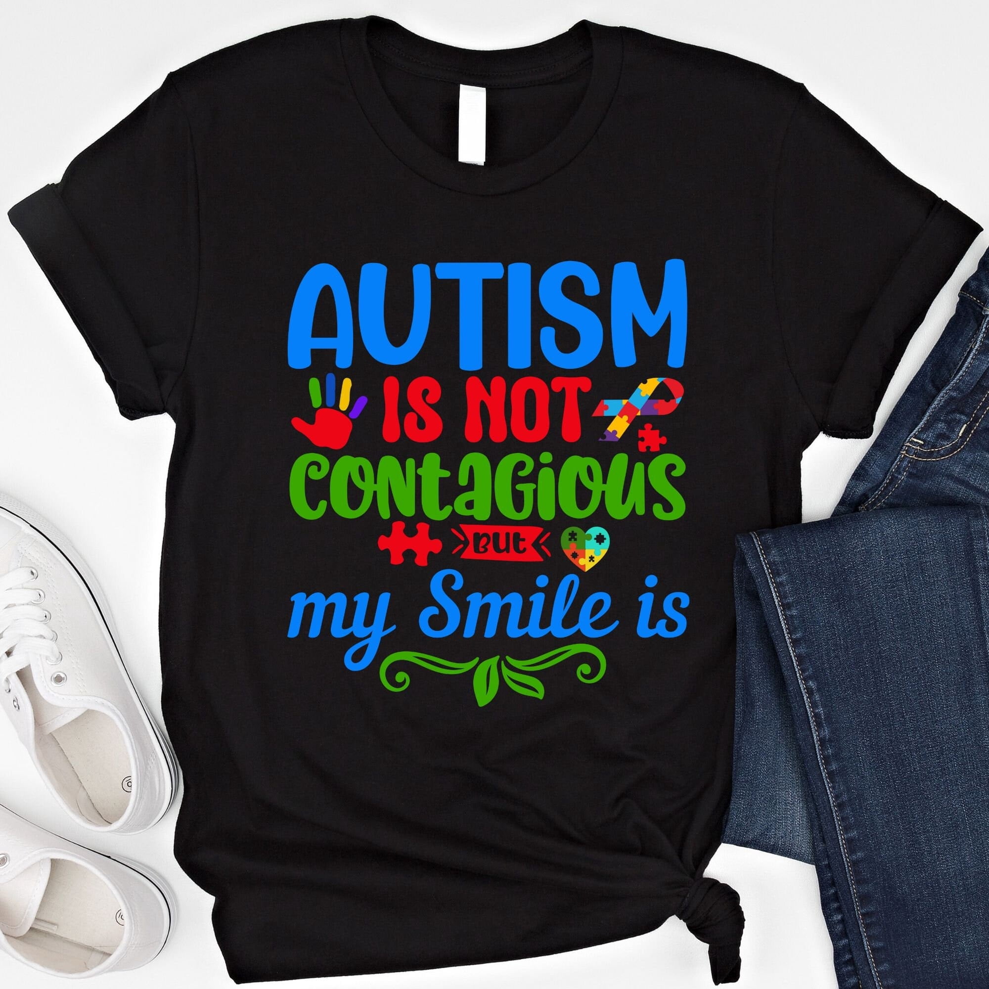 BANJOJO Autism Awareness Shirt Autism Cute Autism T-shirt Neurodiversity Shirt Autism Is Not Contagious But My Smile Is T-Shirt.