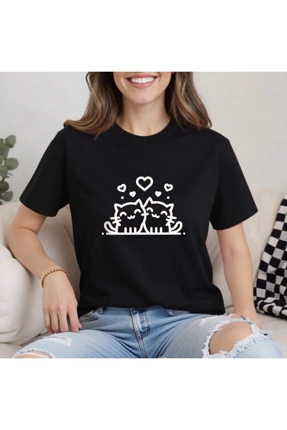 Cute Cat Couple T-shirt, Kawaii Kitty Lovers Gift, Valentines Day Cat Lover Tee