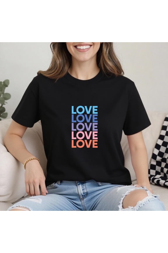 Love Graphic T-Shirt for Women, Gradient Rainbow Text Tee, Cute Valentine’s Day Matching Couple Top