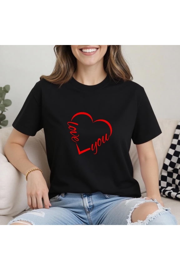 Love You Heart T-Shirt, Black Valentines Day Shirt for Girlfriend, Cute Red Script Graphic Tee, Romantic Gift for Her